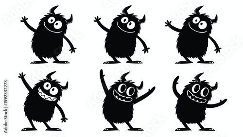 Vector illustration of cute fuzzy monster silhouettes waving with creature silhouette friendly illustration