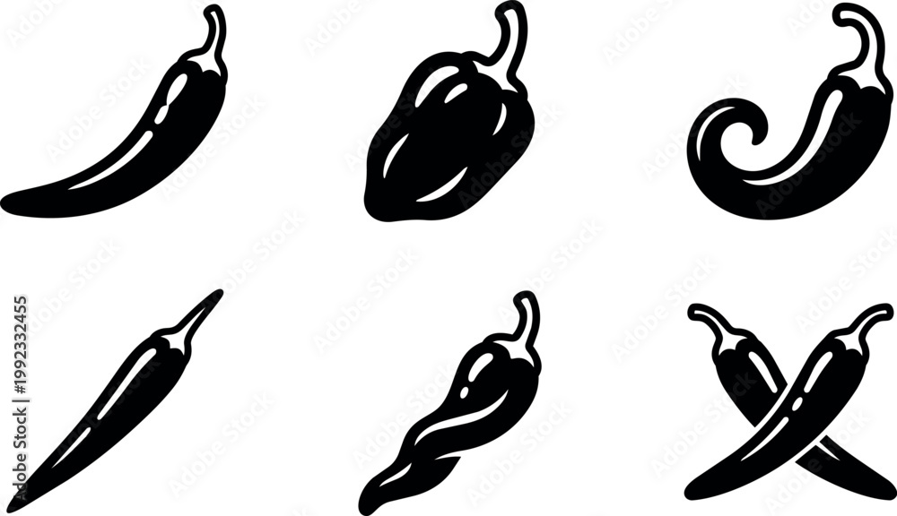 Fototapeta premium Black and white chili pepper vector art with varied shapes and crossed peppers
