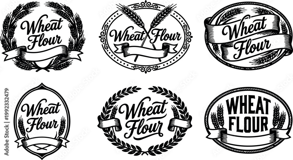 Fototapeta premium Black and white wheat flour lettering with decorative wreath ribbon badges