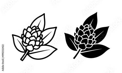 Black and white hop cone icons with leaves