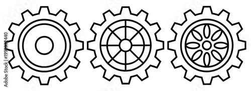 Gear icons set featuring parameter and setting symbols, configuration elements, system control indicators, and modern minimalist line art for software settings, customization panels,