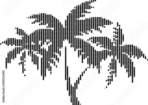 Tropical palm trees art made of halftone dots pattern on transparent background summer scene.
