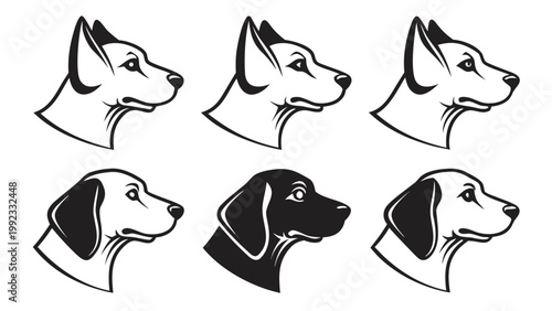 Vector illustration set of stylized dog head profile silhouettes in black and white with silhouette, portrait