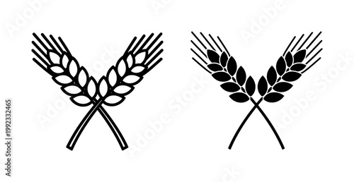 Minimalist wheat ear icons, crossed grain stalks vector set, black and white cereal plant silhouettes for bakery logo and agricultural branding
