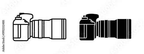 Professional DSLR camera icons with telephoto lens, minimalist digital photography equipment vector, black and white camera silhouettes for media design