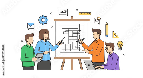 Team of professionals discussing architectural project on whiteboard