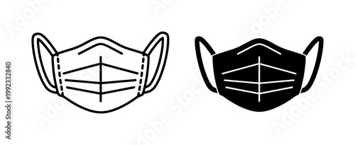 Medical face mask icon set in black and white line art