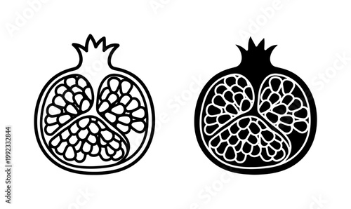 Pomegranate Fruit Half Outline and Silhouette Vector Icons