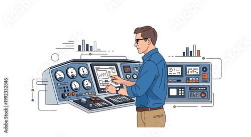Engineer operating control panel with digital interface in modern facility