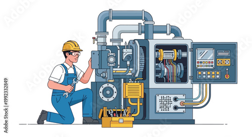 Engineer inspecting industrial machinery with control panel and tools