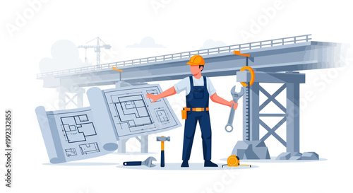 Engineer with blueprint and tools at construction site illustration