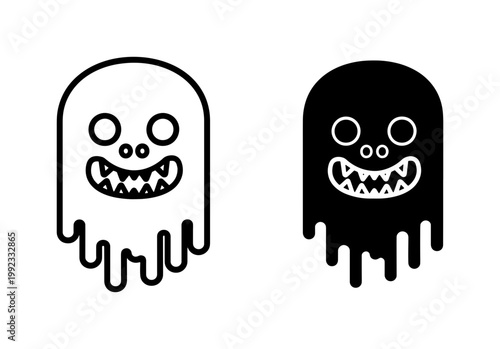 Cute Ghost Monster Icon Set in Black and White