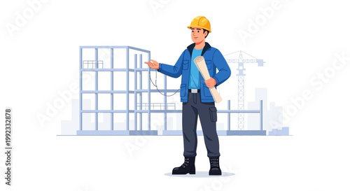 Construction worker holding blueprint at building site illustration