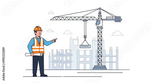 Construction engineer directing crane operation at building site illustration