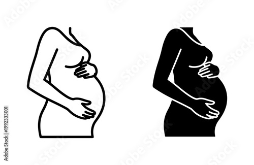 Pregnant woman silhouette icon set with hands on belly