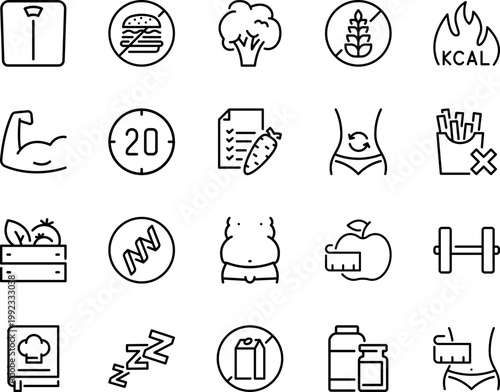 Health and Fitness Icon Set Vector, scale, burger, broccoli, wheat, fire, bicep, clock, checklist, carrot, stomach