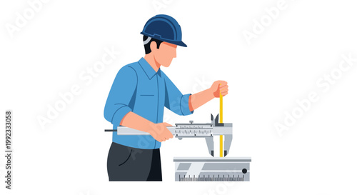Engineer measuring metal component with calipers and ruler