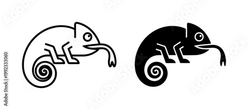 Minimalist chameleon line icon set, stylized lizard silhouette with long tongue, black and white reptile vector graphics for branding and logo design