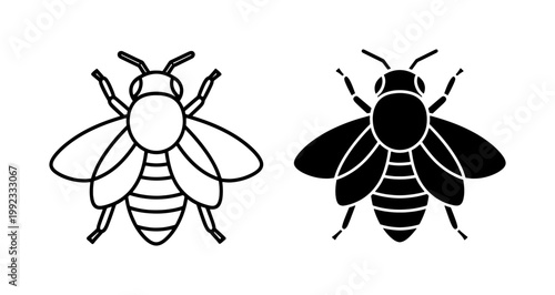 Minimalist honey bee vector icons, black line art and solid silhouette honeybee set, 2 insect graphic elements for nature branding and logo design