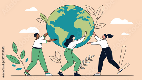 Vector illustration of diverse people holding and protecting the planet earth together with protection