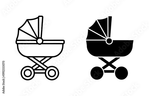 Baby stroller vector icons set, black and white pram silhouettes for infant care, minimalist newborn carriage symbols for parenting design