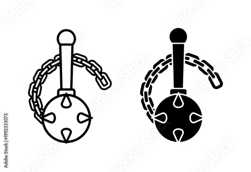 Medieval flail weapon vector icons, spiked mace with chain and handle, ancient morning star battle equipment, black and white warrior gear set