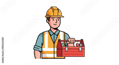 Cartoon construction worker holding toolbox on white background