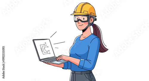 Female engineer with laptop wearing safety gear on white background