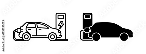 Electric car charging station icons, EV vehicle at power supply point, black line and silhouette vector set for sustainable transport infographics