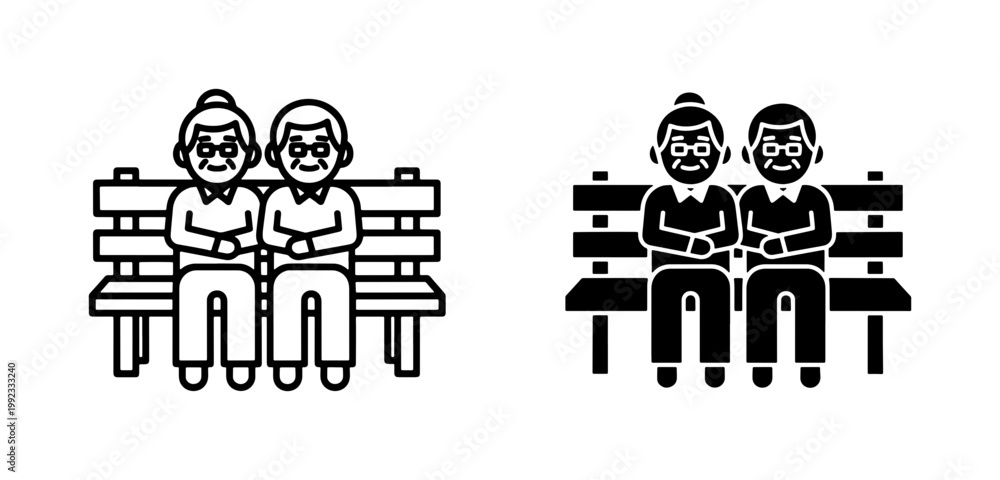 Obraz premium Elderly Couple Sitting on Park Bench Icon Set
