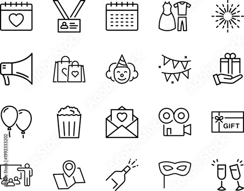 event celebration icons set for party, calendar, gift, balloons, popcorn, party hat, medal, megaphone, dress, bowtie