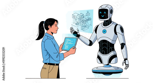 Woman interacting with futuristic humanoid robot using digital tablet