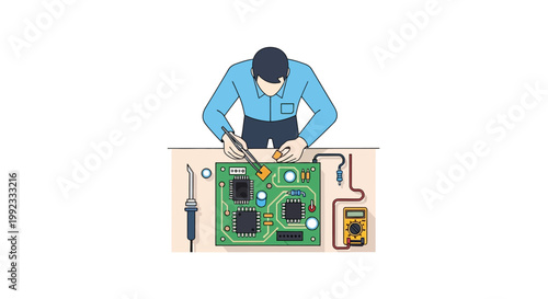 Technician repairing circuit board with soldering iron and multimeter