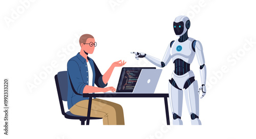 Man interacting with humanoid robot in modern workspace