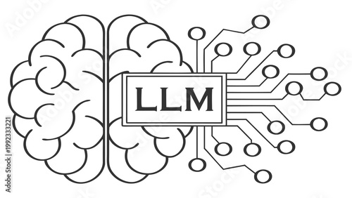 Vector illustration of a human brain merging with a computer chip and llm text artificial intelligence