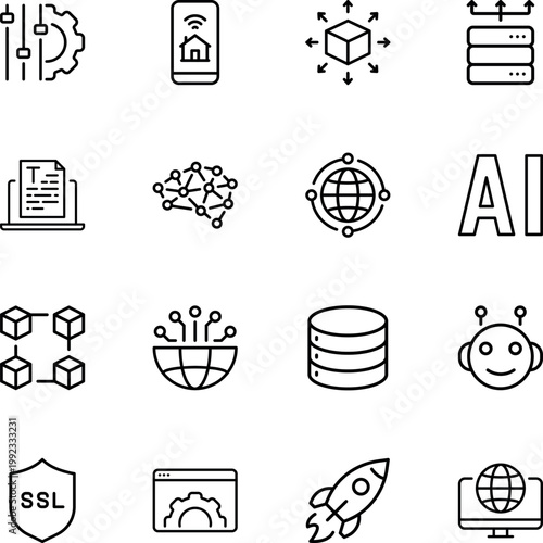 Technology and AI icons set, phone, brain, AI, database, robot, rocket, SSL