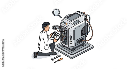 Engineer inspecting industrial machine with tools and diagram