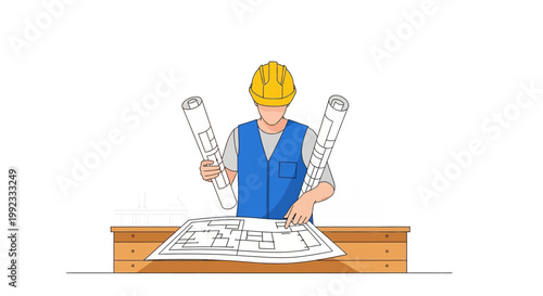 Construction engineer reviewing architectural blueprints at drafting table