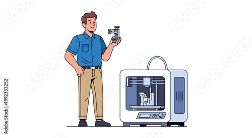 Man holding 3D printed object next to modern 3D printer