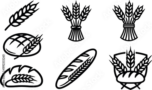 Black and white line art wheat sheaves and bread icons set