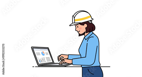 Female engineer analyzing data on laptop in vector illustration