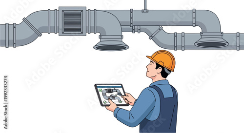 Engineer inspecting industrial ventilation system with digital tablet