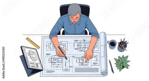 Architect designing building plans on desk with digital tablet