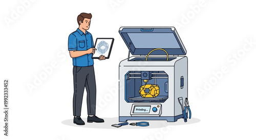 Man operating 3D printer with tablet in modern workspace