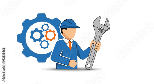 Engineer holding wrench with gear icons in vector illustration