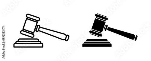 Judge Gavel and Sound Block Outline Silhouette Icons