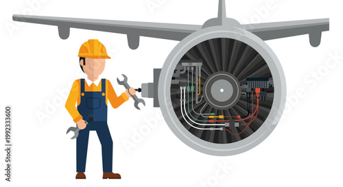 Engineer inspecting airplane engine with tools in vector illustration
