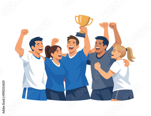 A sports victory scene where players celebrate winning a game together, reflecting energy, unity, and shared triumph in a competitive environment, a group of figures