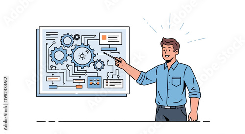 Illustration of businessman presenting mechanical process on whiteboard