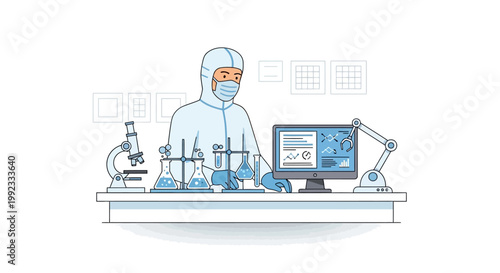 Scientist in protective gear conducting laboratory research with equipment